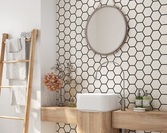 Black and White Hexagon Peel and Stick Wallpaper | Honeycomb Wallpaper | Hexagon Pattern Wallpaper | Geometric Wallpaper Mural