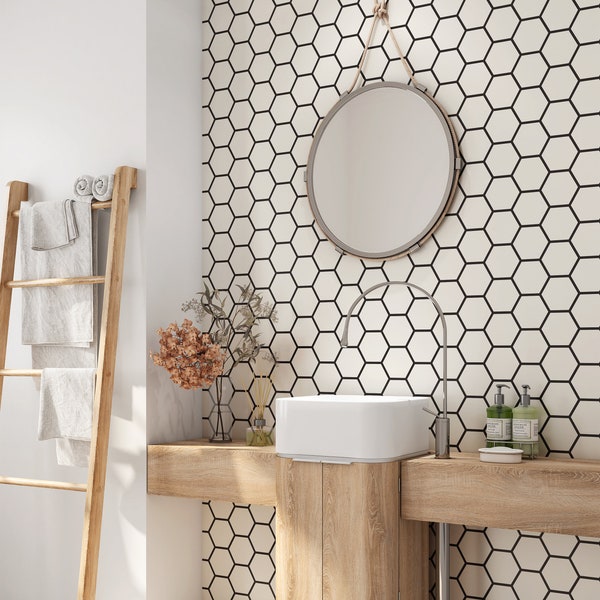 Black and White Hexagon Peel and Stick Wallpaper | Honeycomb Wallpaper | Hexagon Pattern Wallpaper | Geometric Wallpaper Mural