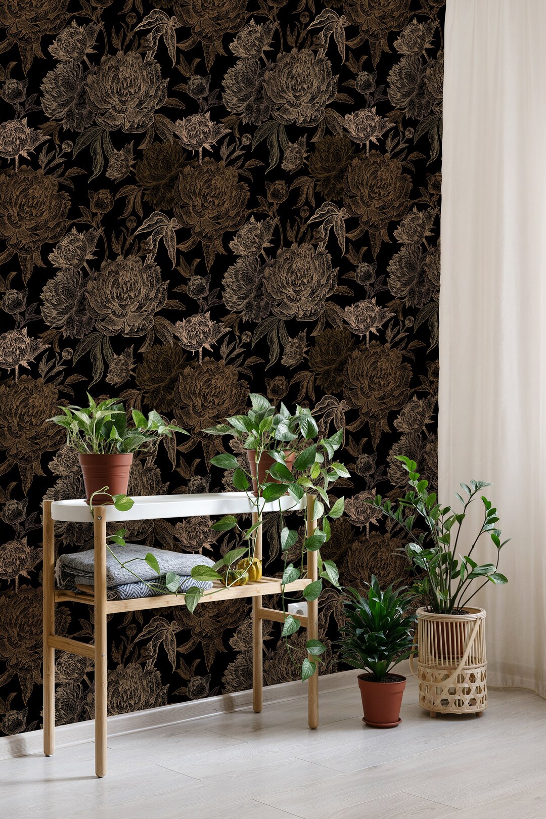 Dark Floral Wallpaper Peel and Stick Peony Wallpaper | Dark Peony ...