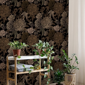 Dark Floral Wallpaper Peel and Stick Peony Wallpaper | Dark Peony Wallpaper | Vintage Floral Wallpaper Dark | Peony Wall Mural