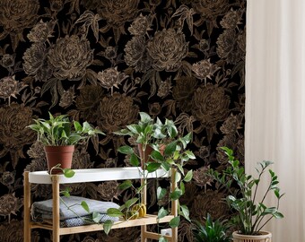 Dark Floral Wallpaper Peel and Stick Peony Wallpaper | Dark Peony Wallpaper | Vintage Floral Wallpaper Dark | Peony Wall Mural
