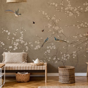 Vintage Chinoiserie Peel and Stick Wallpaper with Birds | Cherry Blossom Wall Mural | Chinoiserie Wall Mural | Tree Branch Wallpaper