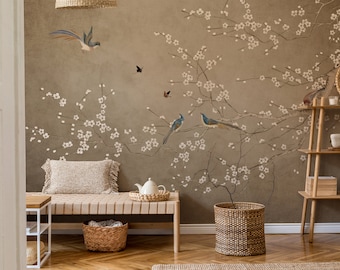 Vintage Chinoiserie Peel and Stick Wallpaper with Birds | Cherry Blossom Wall Mural | Chinoiserie Wall Mural | Tree Branch Wallpaper