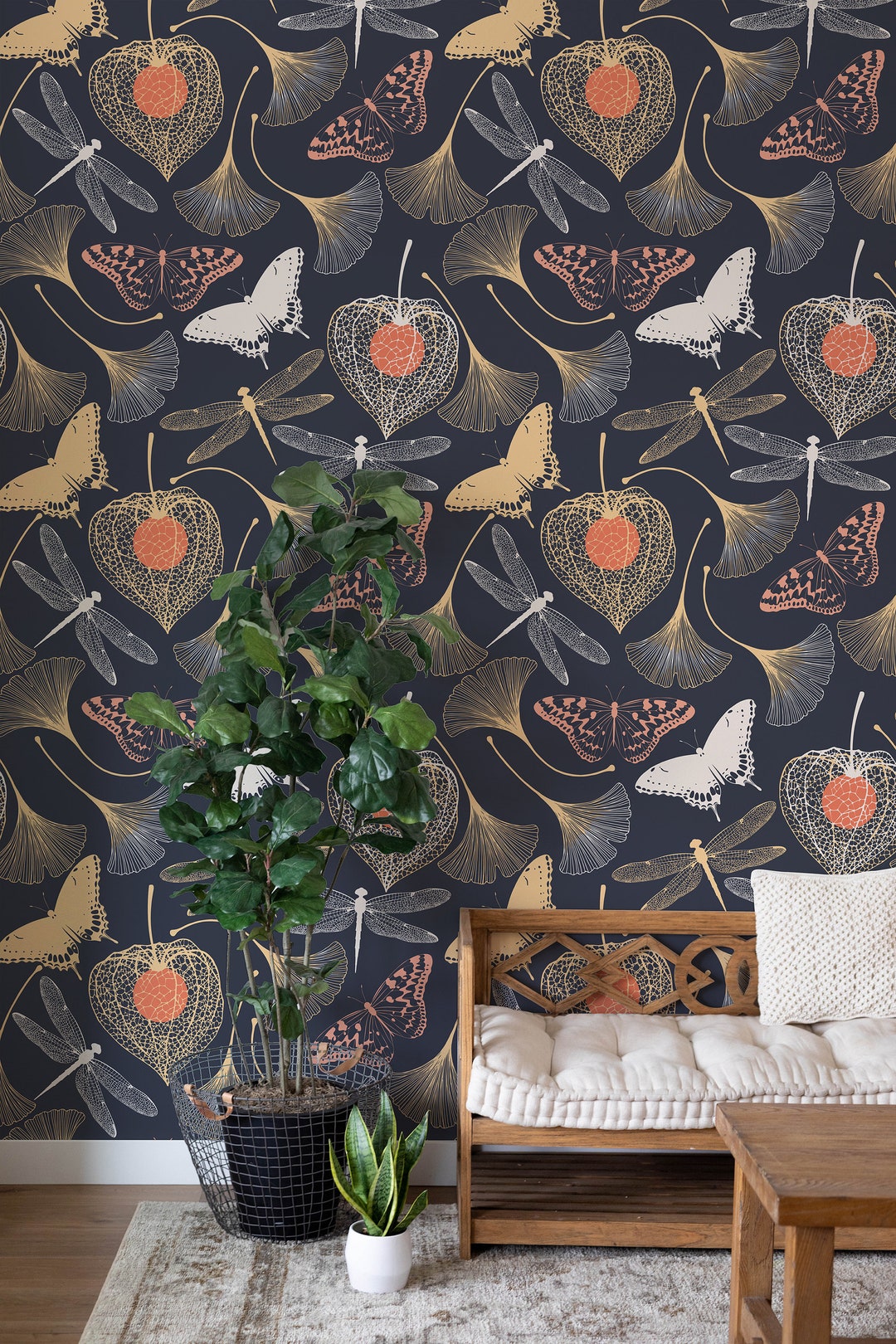 Dark Botanical Peel and Stick Wallpaper Floral | Butterfly Removable ...