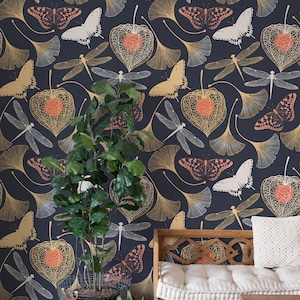 Dark Botanical Peel and Stick Wallpaper Floral | Butterfly Removable Wallpaper Mural | Dark Floral Wallpaper | Renters Wallpaper