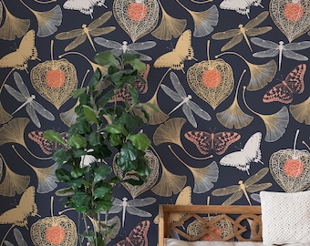 Dark Botanical Peel and Stick Wallpaper Floral | Butterfly Removable Wallpaper Mural | Dark Floral Wallpaper | Renters Wallpaper