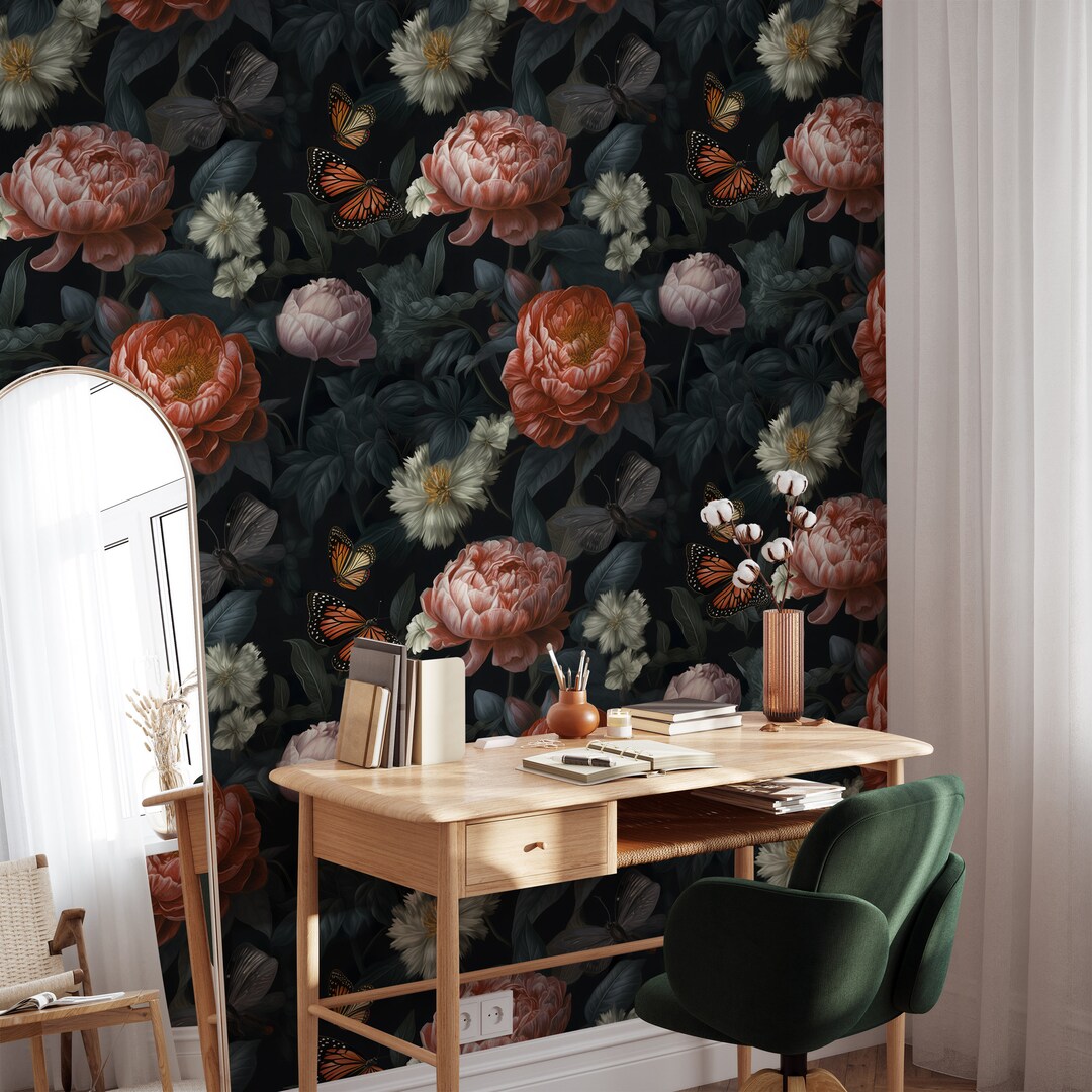 Dark Botanical Wallpaper With Butterflies | Dark Floral Wallpaper Peel ...