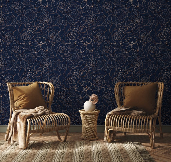 Navy Floral Wallpaper | Drawn Peony Flowers Wallpaper | Navy Blue and Gold Wallpaper | Modern Floral Line Art Wallpaper
