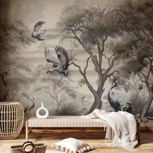 Vintage Chinoiserie Wallpaper Panoramic | Japanese Crane Wallpaper Peel and Stick | Scenic Wallpaper with Cranes | Landscape Mural Wallpaper