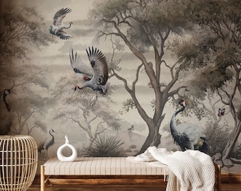 Vintage Chinoiserie Wallpaper Panoramic | Japanese Crane Wallpaper Peel and Stick | Scenic Wallpaper with Cranes | Landscape Mural Wallpaper