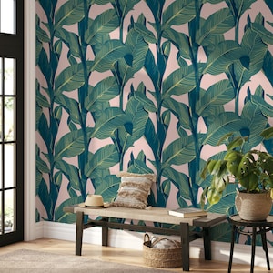 palm leaves peel and stick wallpaper, banana leaf mural wallpaper, tropical palm leaf wallpaper, palm leaf removable wallpaper, tropical leaf peel and stick wallpaper, green tropical leaf wallpaper, peel and stick wallpaper banana leaf