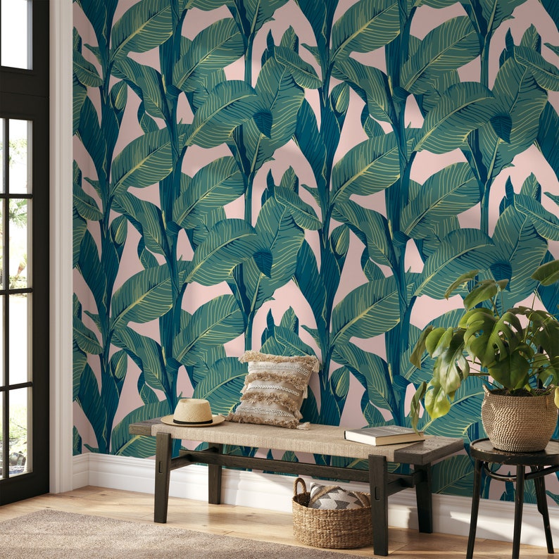 palm leaves peel and stick wallpaper, banana leaf mural wallpaper, tropical palm leaf wallpaper, palm leaf removable wallpaper, tropical leaf peel and stick wallpaper, green tropical leaf wallpaper, peel and stick wallpaper banana leaf
