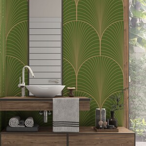 solid olive green wallpaper, olive green peel and stick wallpaper, olive and gold self stick wallpaper, green and gold art deco self adhesive wall art wallpaper, green and gold arches wallpaper, vintage art deco wallpaper