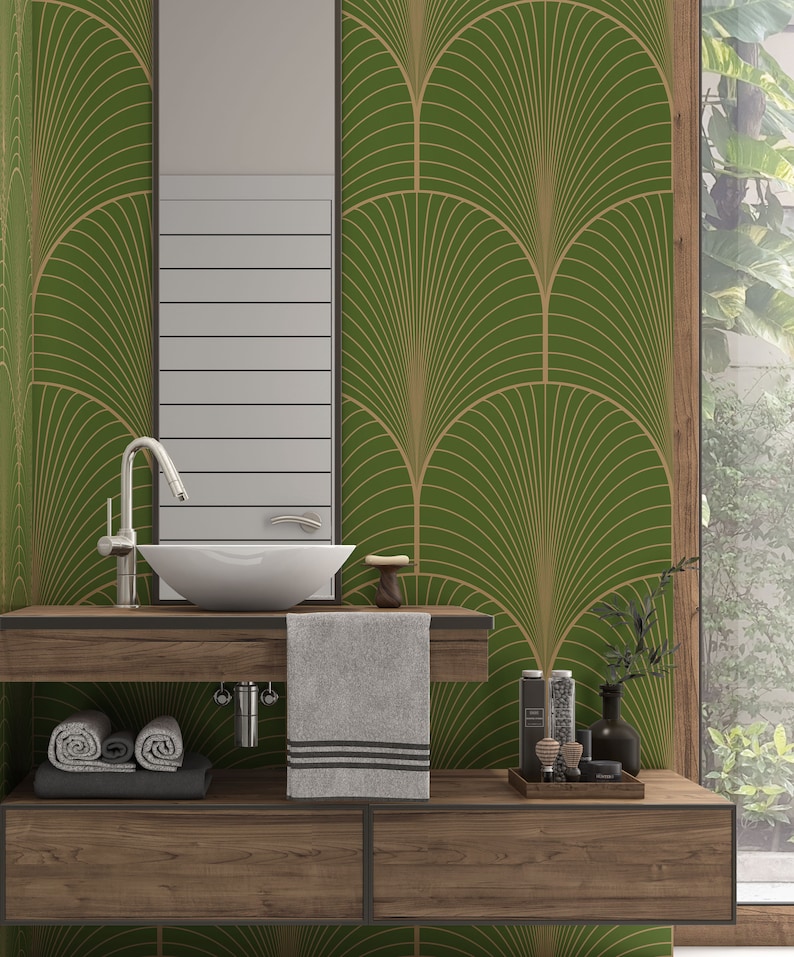 solid olive green wallpaper, olive green peel and stick wallpaper, olive and gold self stick wallpaper, green and gold art deco self adhesive wall art wallpaper, green and gold arches wallpaper, vintage art deco wallpaper