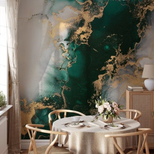 Dark Green Marble Wallpaper Mural | Marble Peel and Stick Wallpaper Green and Gold | Green Abstract Wallpaper Mural | Marble Look Wallpaper