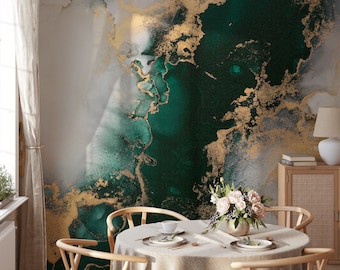 Dark Green Marble Wallpaper Mural | Marble Peel and Stick Wallpaper Green and Gold | Green Abstract Wallpaper Mural | Marble Look Wallpaper