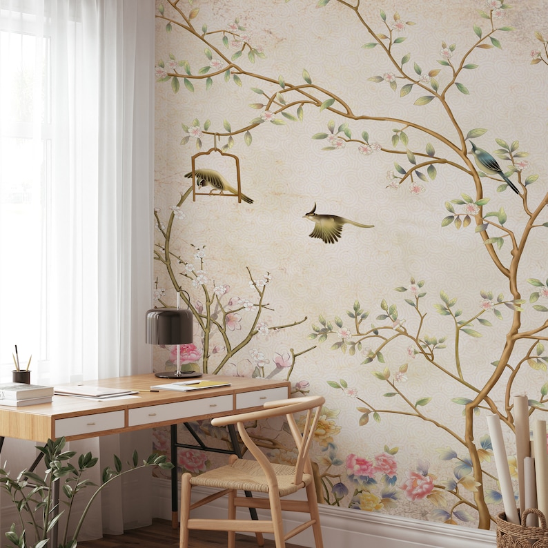 Cherry Blossom Peel and Stick Wallpaper | Chinoiserie Flowers and Birds ...
