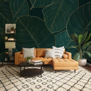 Monstera Leaves Wallpaper | Emerald Green Wallpaper Peel and Stick | Boho Leaves Wallpaper Green and Gold