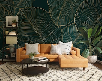 Monstera Leaves Wallpaper | Emerald Green Wallpaper Peel and Stick | Boho Leaves Wallpaper Green and Gold