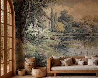Pastoral Landscape Peel and Stick Mural Wallpaper: Countryside Scene, Tree Wall Covering