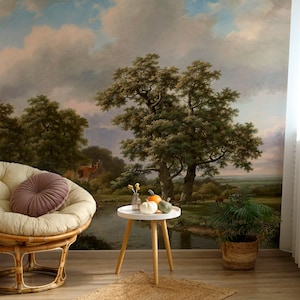 Woodland Scenic Wallpaper Removable Landscape Wallpaper Peel-and-Stick Canvas Vintage Landscape Painting Wallpaper Mural Scenic image 5
