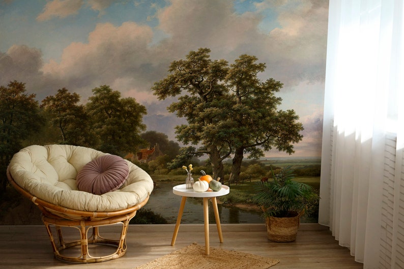 Woodland Scenic Wallpaper Removable Landscape Wallpaper Peel-and-Stick Canvas Vintage Landscape Painting Wallpaper Mural Scenic image 5
