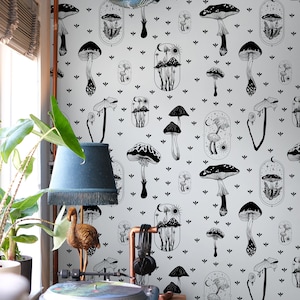 Mushroom Wallpaper | Black and White Wallpaper Peel and Stick | Whimsical Wallpaper | Removable Wallpaper Peel and Stick Wallpaper