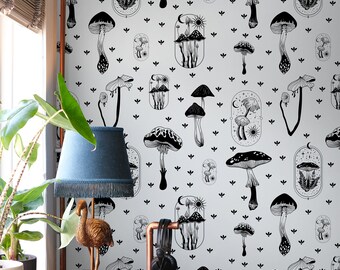Mushroom Wallpaper | Black and White Wallpaper Peel and Stick | Whimsical Wallpaper | Removable Wallpaper Peel and Stick Wallpaper