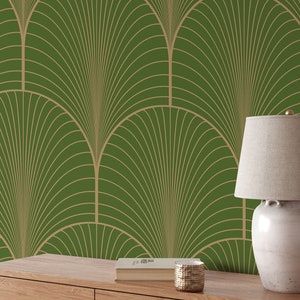 olive green floral wallpaper, art deco wallpaper living room, art deco removable green and gold wallpaper, olive green and gold self stick wallpaper, art deco wallpaper peel and stick, olive green and gold wallpaper