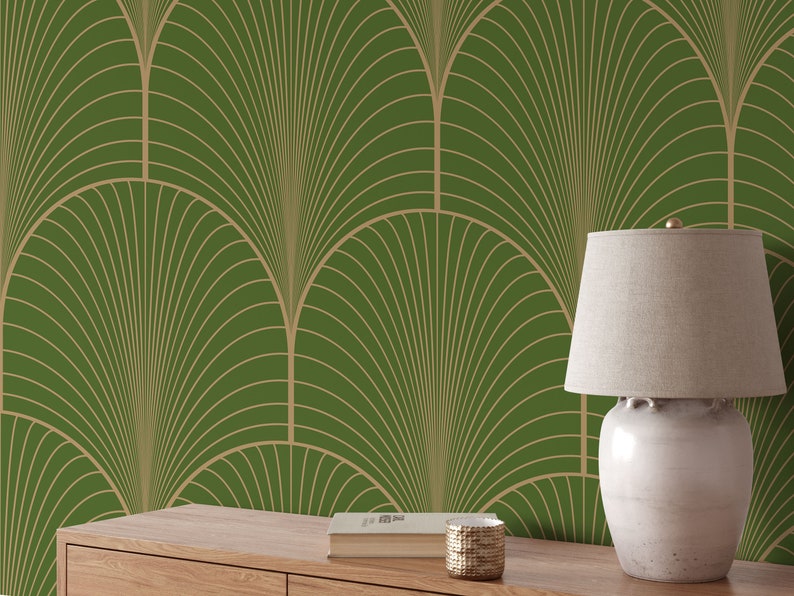 olive green floral wallpaper, art deco wallpaper living room, art deco removable green and gold wallpaper, olive green and gold self stick wallpaper, art deco wallpaper peel and stick, olive green and gold wallpaper