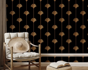 Black and Gold Art Deco Wallpaper Peel and Stick | Removable Wallpaper Art Deco | Black and Gold Wallpaper | Dark Wallpaper Vintage