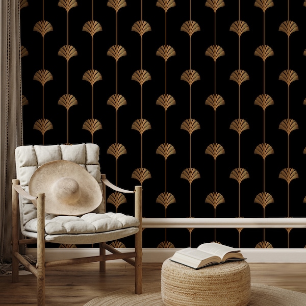 Black and Gold Art Deco Wallpaper Peel and Stick | Removable Wallpaper Art Deco | Black and Gold Wallpaper | Dark Wallpaper Vintage