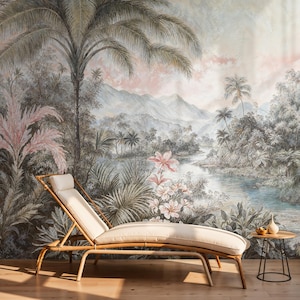 Vintage Tropical Peel and Stick Wallpaper Mural, Jungle and Tropical Leaves Wallpaper Paste the Wall, Tropical Forest Landscape Wallpaper