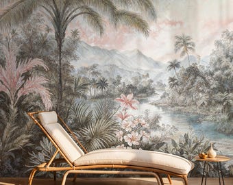 Vintage Tropical Wallpaper Mural: Peel and Stick Jungle Leaves