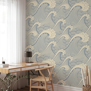 Blue Waves Wallpaper Peel and Stick | Blue Ocean Waves Wallpaper Nursery | Wave Japanese Wallpaper | Wave Removable Wallpaper