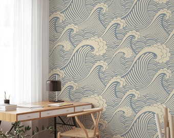 Blue Waves Wallpaper Peel and Stick | Blue Ocean Waves Wallpaper Nursery | Wave Japanese Wallpaper | Wave Removable Wallpaper