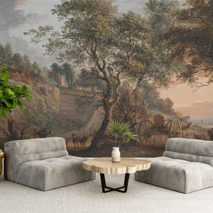 Landscape Wall Mural with Cows | Vintage Scenic Wallpaper | Landscape Mural Wallpaper with Trees | Scenic Peel and Stick Wallpaper