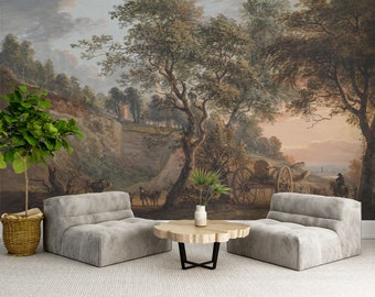 Landscape Wall Mural with Cows | Vintage Scenic Wallpaper | Landscape Mural Wallpaper with Trees | Scenic Peel and Stick Wallpaper