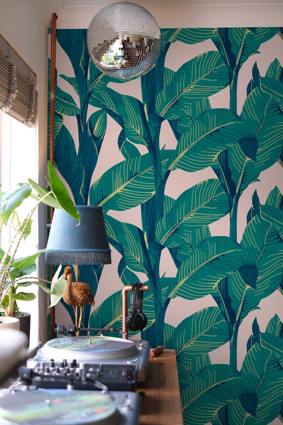 Green Banana Leaf Wallpaper Peel and Stick | Tropical Leaves Wallpaper Banana | Large Banana Leaf Wall Mural
