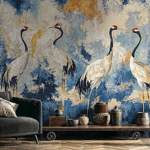Navy Gold Chinoiserie Crane Birds Wallpaper, Panoramic Asian Peel and Stick Wall Mural, Luxury Japanese Inspired Removable Wall Covering