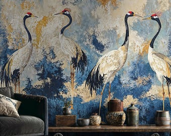 Navy Gold Chinoiserie Wallpaper: Crane Birds, Asian Inspired Peel and Stick Wall Mural