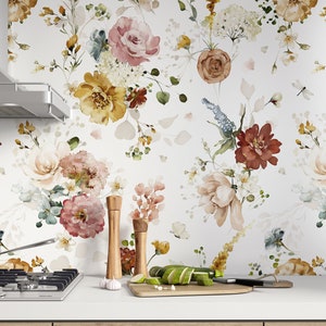 Watercolor Flowers with Peonies Wallpaper | Garden Flowers Wall Mural | Watercolor Peony Floral Wallpaper Self Adhesive