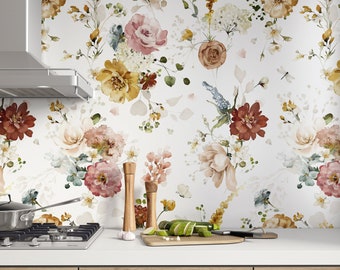 Watercolor Flowers with Peonies Wallpaper | Garden Flowers Wall Mural | Watercolor Peony Floral Wallpaper Self Adhesive