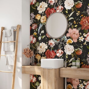 Watercolor Peony Wallpaper Smaller Print, Dark Floral Wallpaper Peel and Stick, Vintage Peonies Wallpaper Dark Botanical Wall...