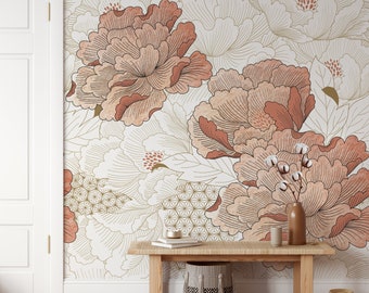 Pink Peony Watercolor Wallpaper Mural | Japanese Floral Wallpaper | Large Peony Wallpaper Peel and Stick | Oriental Floral Wallpaper