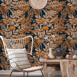 Flowered Wallpaper Removal | Navy Wallpaper Peel and Stick Floral | Botanical Wallpaper Removable | Moody Floral Wallpaper Peel-and-Stick