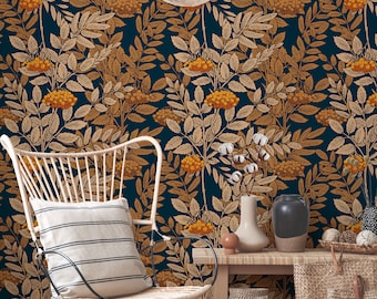 Navy Floral Peel and Stick Wallpaper | Botanical Removable Wall Decor