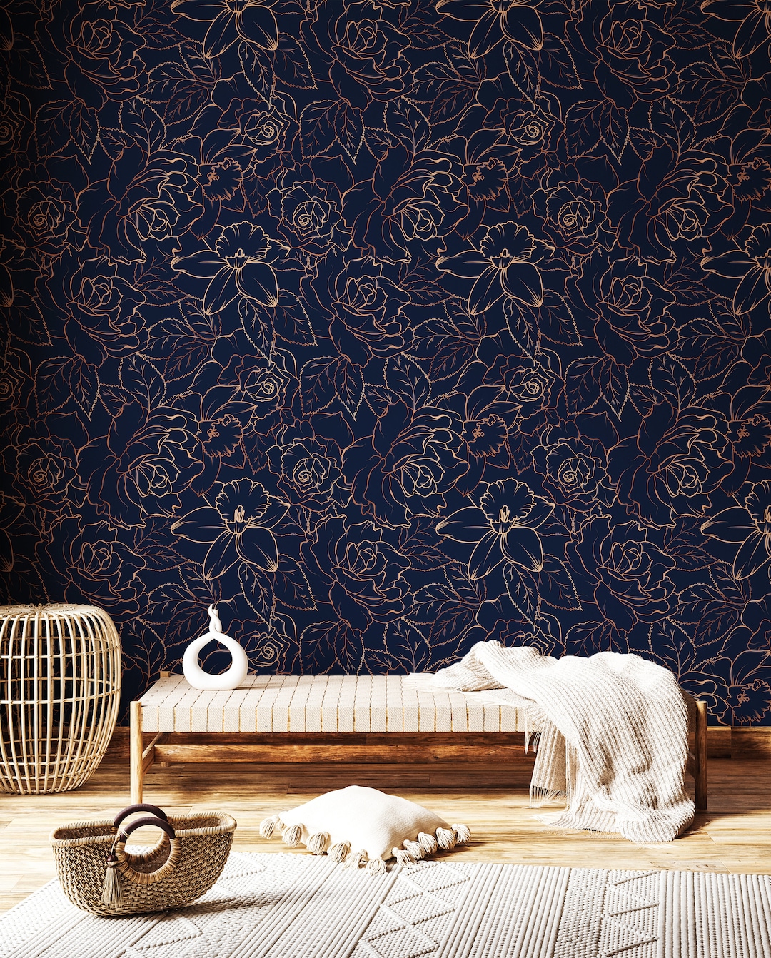 Navy Floral Wallpaper Drawn Peony Flowers Wallpaper navy Blue and Gold