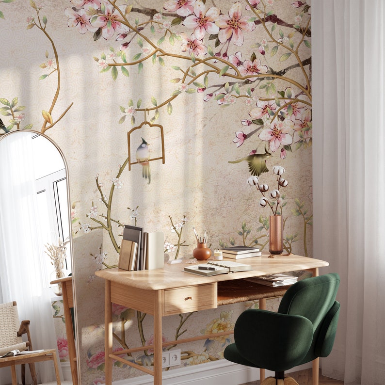 Cherry Blossom Peel and Stick Wallpaper | Chinoiserie Flowers and Birds ...
