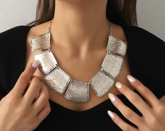 Handmade Textured Silver Plated Statement Necklace,Boho Necklace